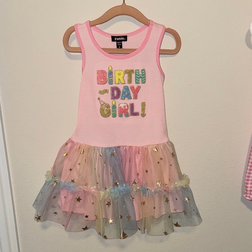 Pink Birthday Girl Dress with Starry Tulle